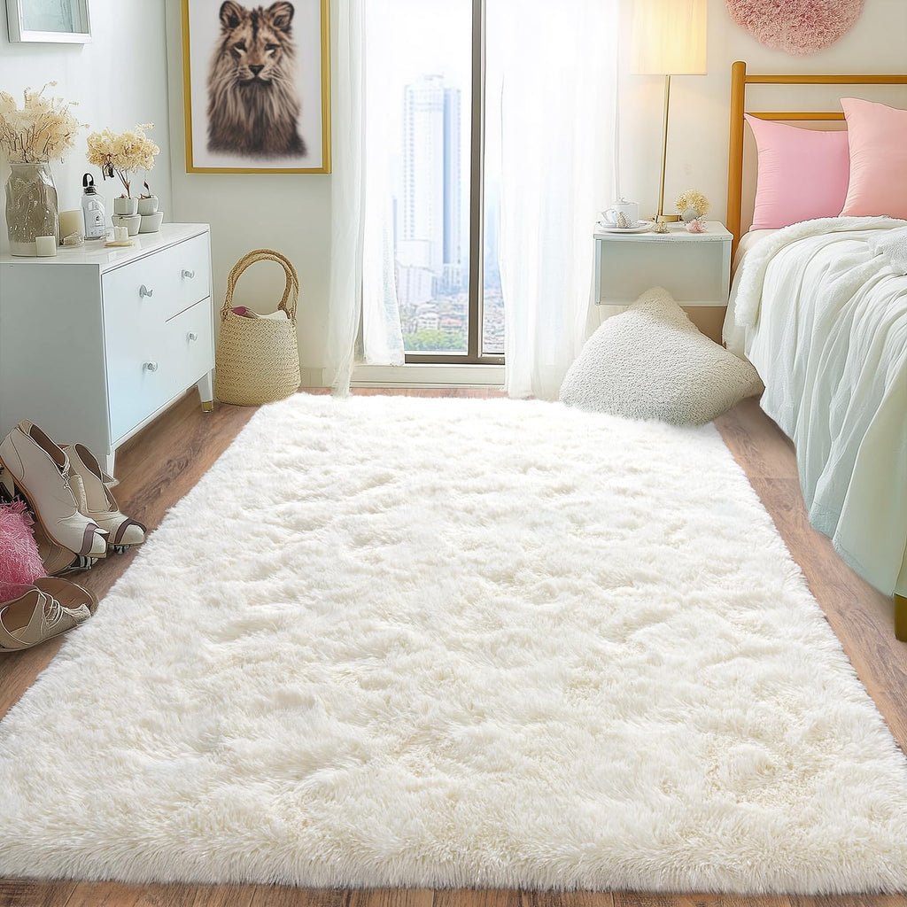 Pionblank Fluffy Area Rug for Bedroom 4x6, Indoor Plush Carpet, Cream White