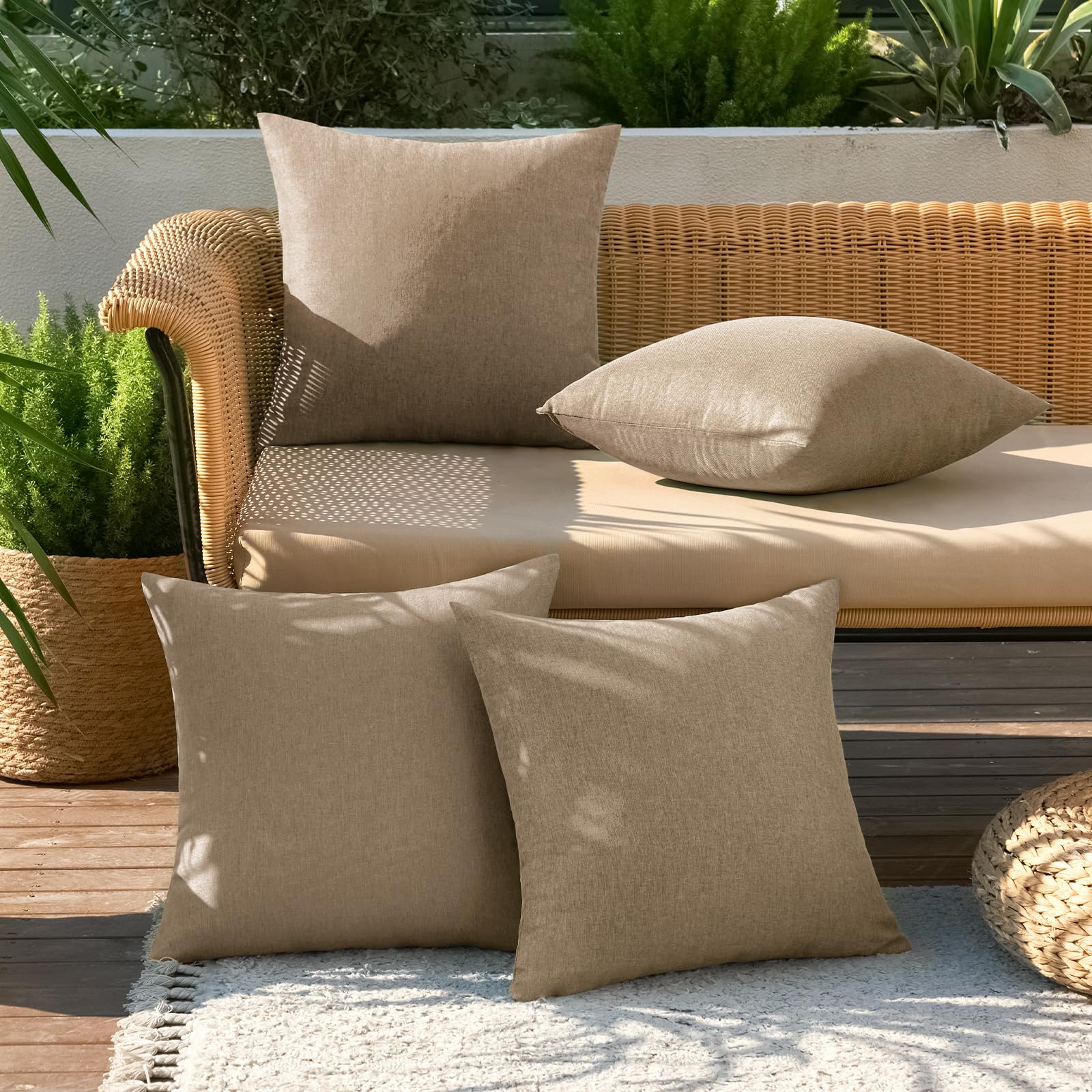 MIULEE Pack of 4 Decorative Outdoor Throw Pillow Covers Linen Waterproof Pillow Covers Summer Farmhouse Cushion Cases for Patio Garden Tent Balcony Couch Sofa 18x18 Inch Khaki