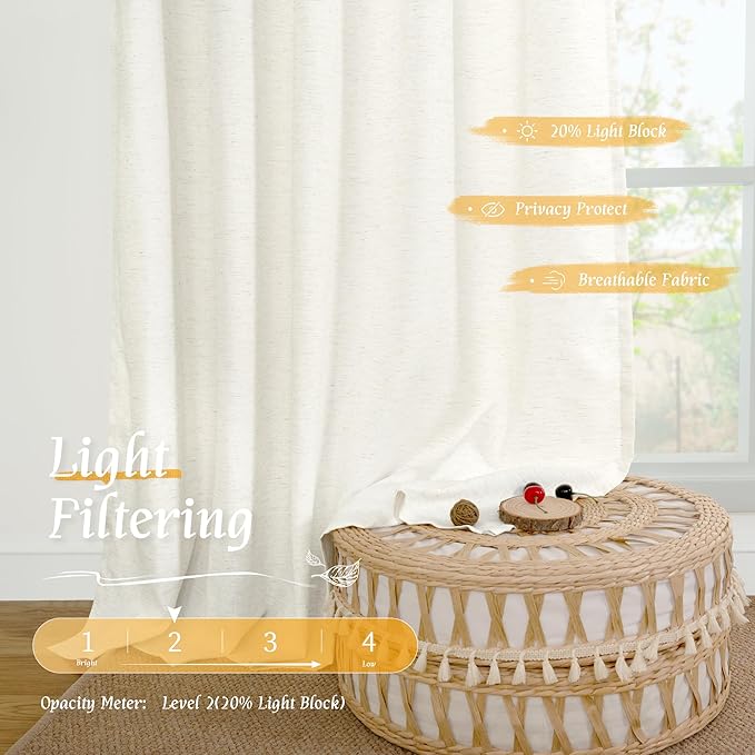 LAMIT Faux Linen Curtains 63 inches Long for Bedroom, Ivory Rod Pocket Linen Drapes Light Filtering Semi Sheer Privacy Curtains for Small Window/Farmhouse, 2 Panels (52 x 63 Inch, Natural)