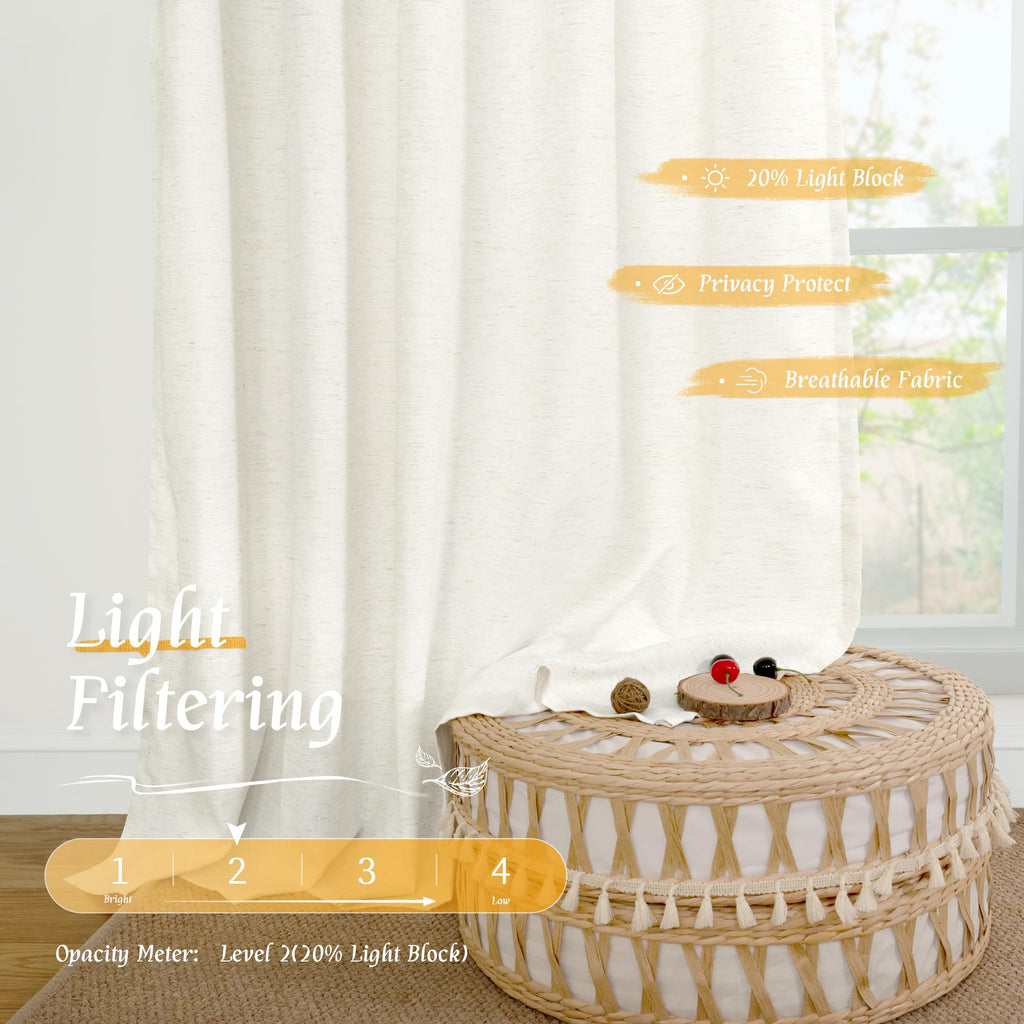 LAMIT Light Filtering Linen Curtains 54 Inches Long for Bedroom, Natural Ivory Soft Faux Linen Textured Panels Rod Pocket Neutral Drapes for Window/Loft Room, 42 x 54 Inch, 2 Panels