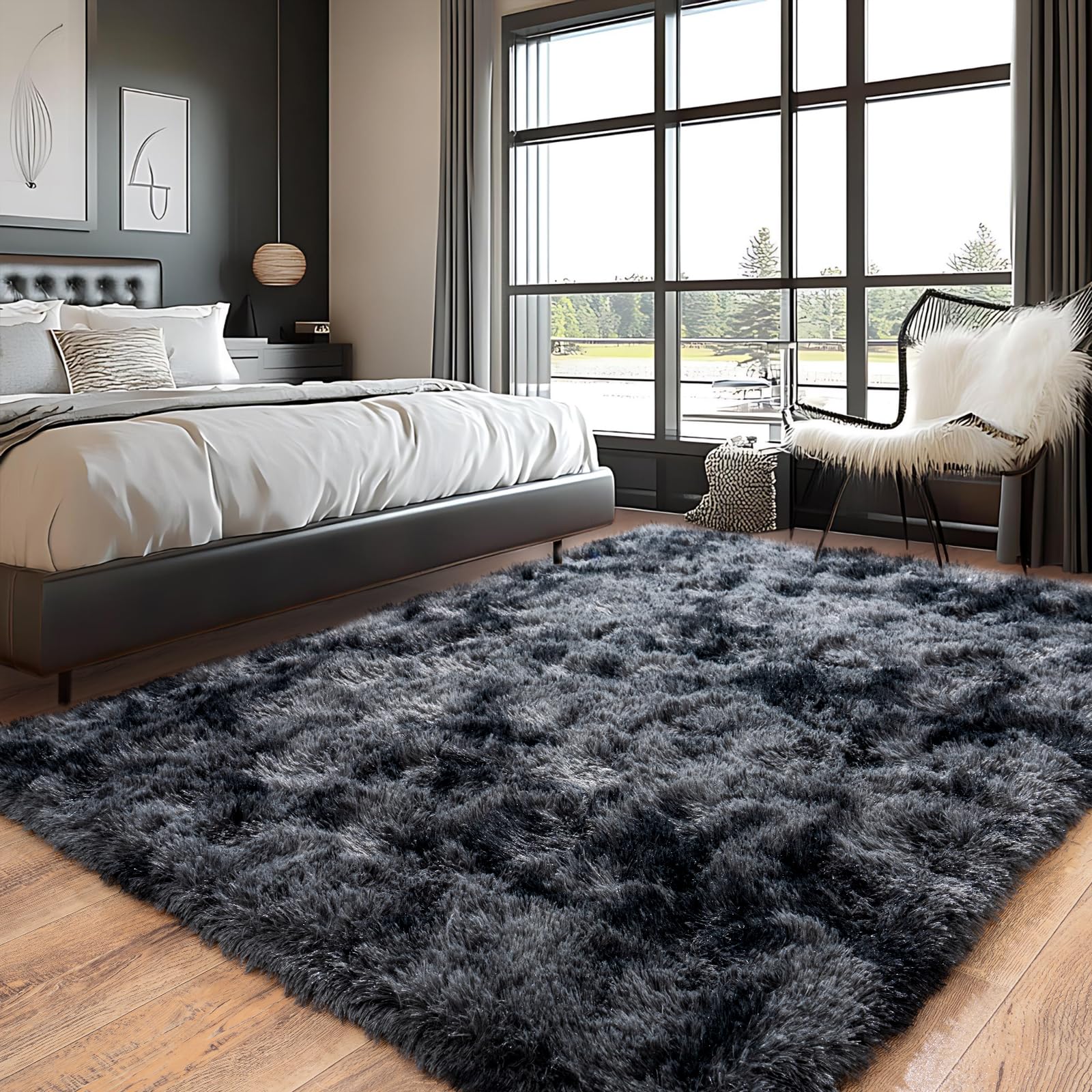 Super Fluffy Area Rug for Living Room 5x7, Shaggy Carpet, Dark Grey