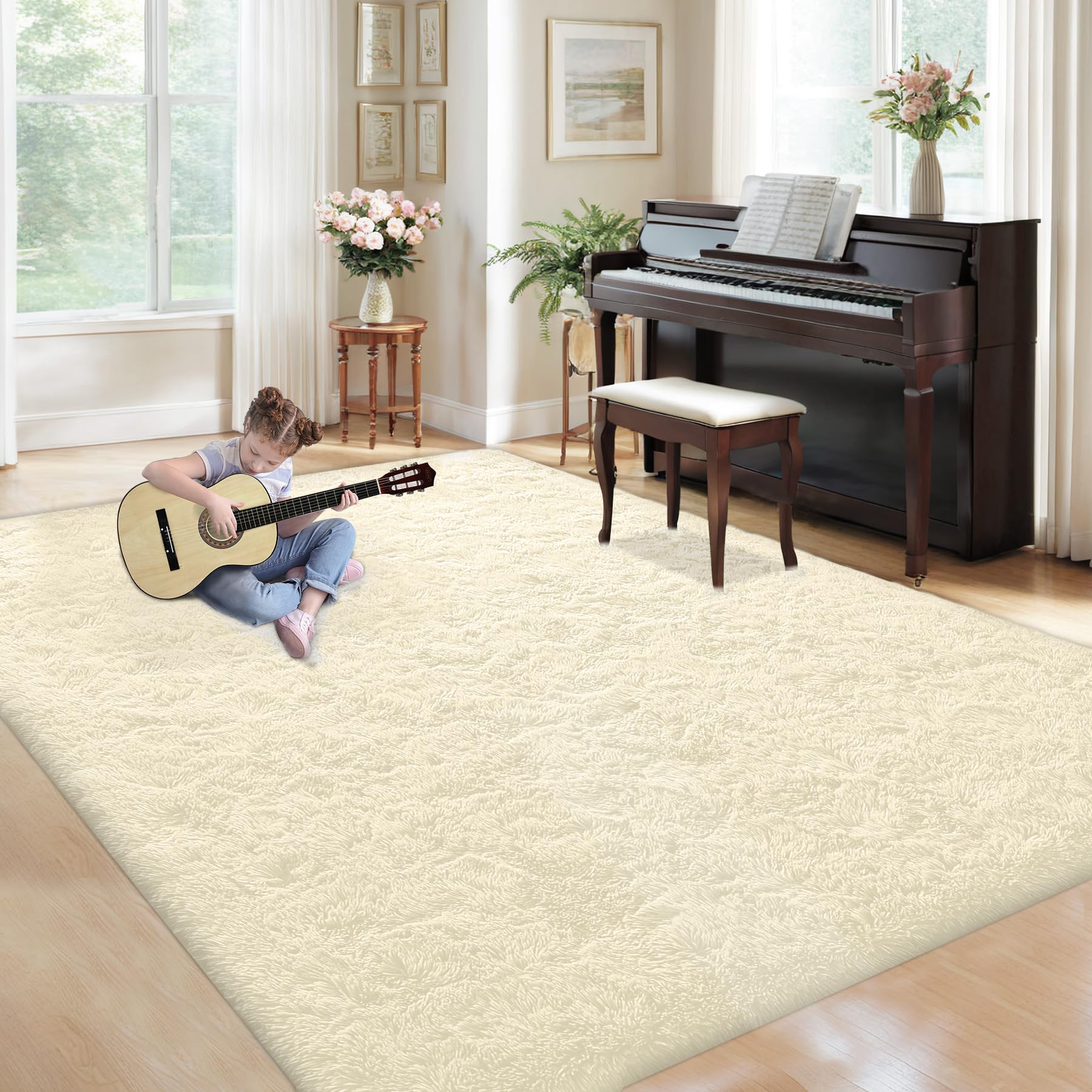5x7 Area Rug for Living Room: Fluffy Shag Soft Washable Rugs Fuzzy Plush Indoor Carpet for Bedroom Nursery Playroom Dorm Kids Girls Boys Room (Cream White, 5'x7')