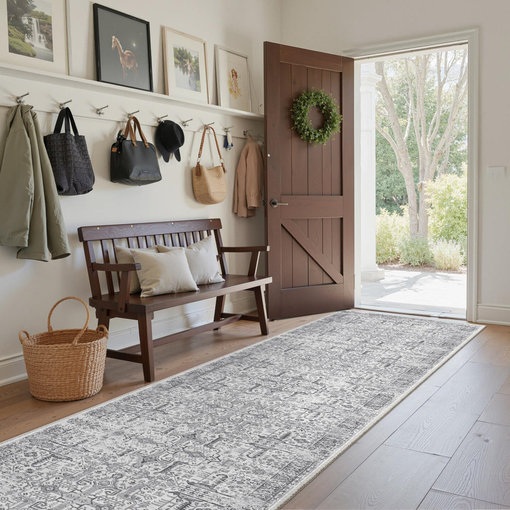 Hallway Washable Runner Rug 2x12 - Non Slip Vintage Kitchen Runner Rugs for Entryway Low-Pile Waterproof Long Runners for Living Room Bedroom Medallion Indoor Floor Mat for Bathroom Laundry Grey
