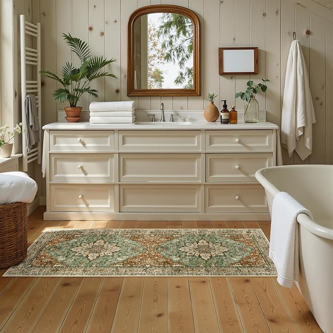RELEANY Washable Area Rug, Runner 2'x6', Brick/Brown/Green