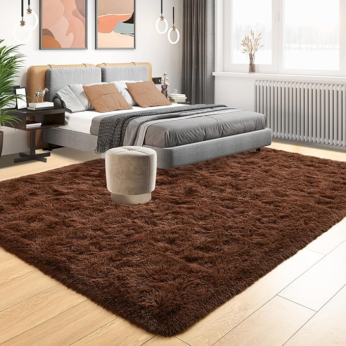 Tepook 5x8 Brown Area Rugs for Living Room Bedroom, Soft Fluffy Plush Shaggy Girls Boys Kids Room Rug, Shag Upgrade Non-Slip Throw Carpet for Dorms Nursery Classroom Home Decor