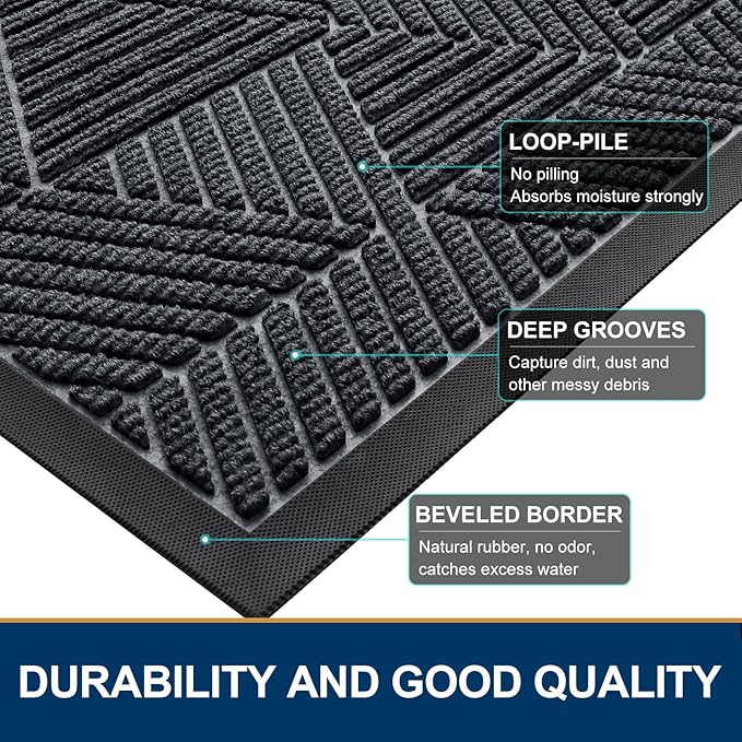 Smiry Half Circle Front Door Mat Outside Entrance, Heavy Duty Sturdy Natural Rubber Doormat, Trap Dirt and Moisture, Low Profile Mats for Indoor Outdoor Entry, Irregular Triangle (29.5x17, Grey)