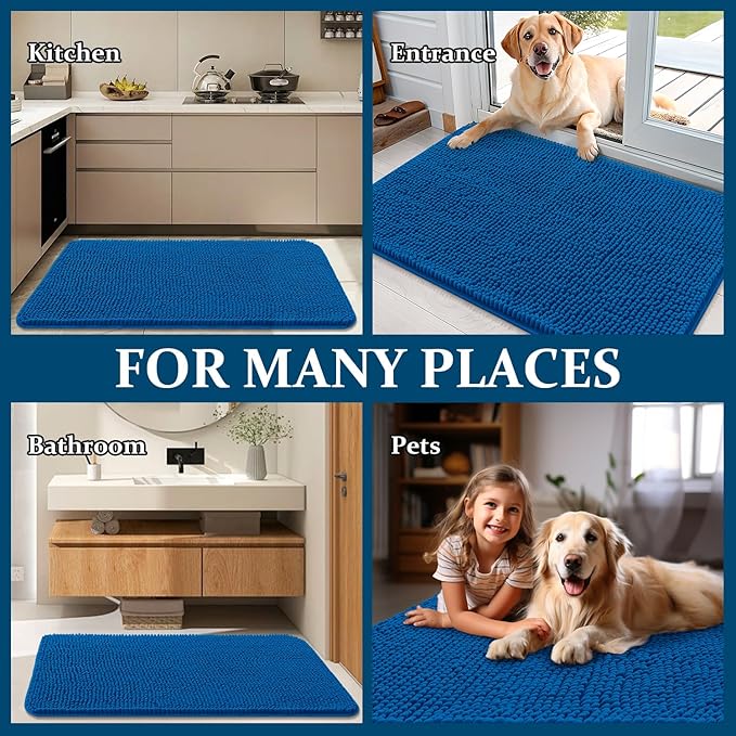 OLANLY Dog Door Mat for Muddy Paws 70x24, Absorbs Moisture and Dirt, Absorbent Non-Slip Washable Doormat, Quick Dry Chenille Mud Mat, Entry Indoor Entryway Carpet for Inside Floor, Deep Navy Blue