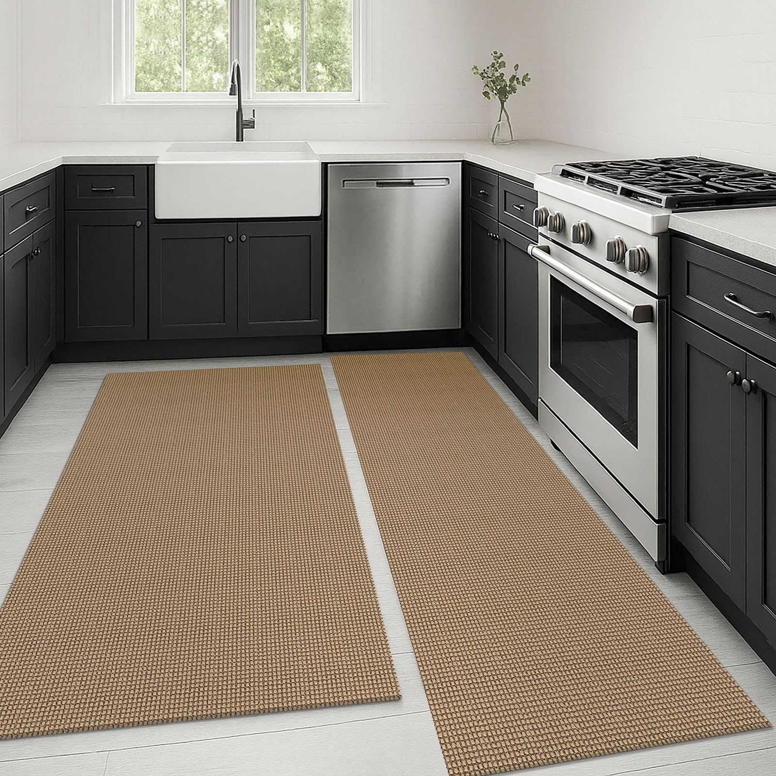 KOZYFLY Boho Area Rug Runner Sets of 2Pcs 2x6 and 3x5 Washable Entry Rugs Non Slip Rubber Backed Kitchen Rug Woven Cotton Entrance Rugs for Front Porch Bathroom Kitchen Bedroom, Tan/Orange/Brown