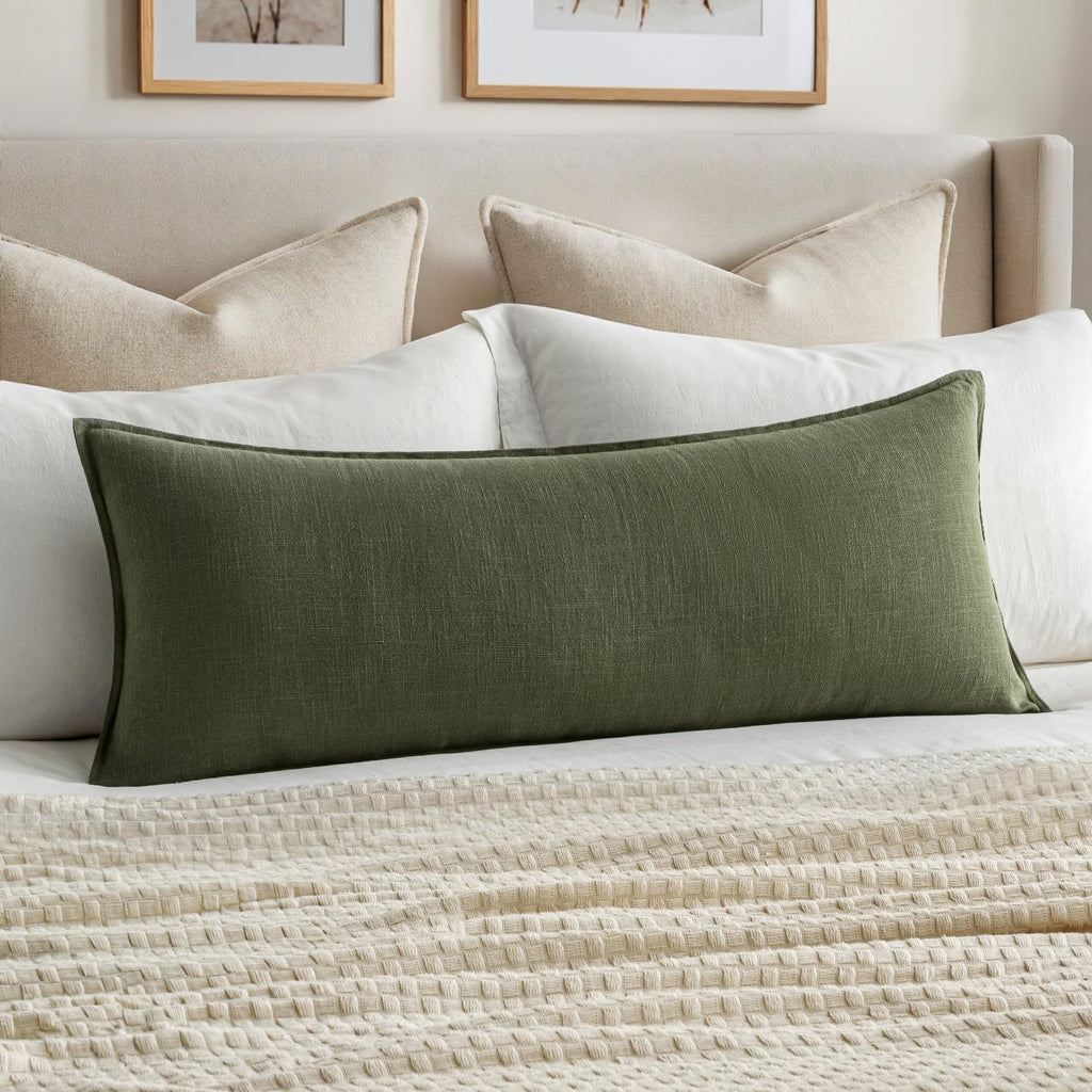 MIULEE Decorative Linen Lumbar Pillow Cover 14x36 Inch Dark Olive Green