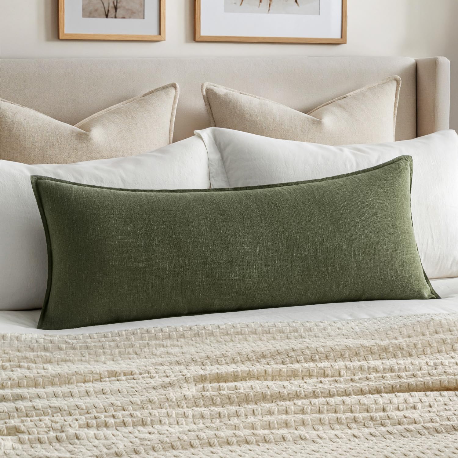 MIULEE Decorative Linen Lumbar Pillow Cover 14x36 Inch Dark Olive Green