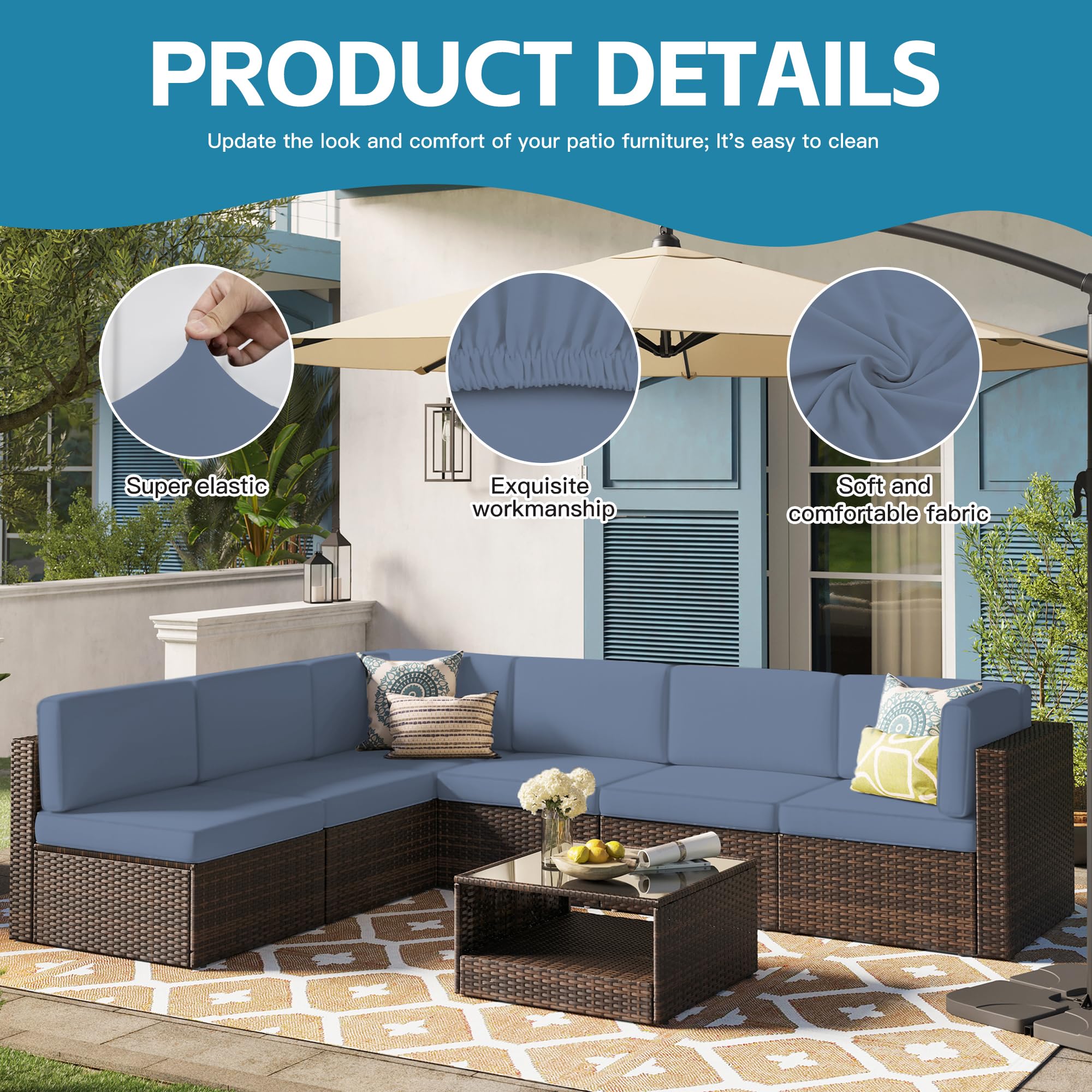 DREAHOTEXTIL 14Pcs Outdoor Cushion Covers, Patio Cushion Covers,Stretch Elastic Slipcovers, Replacement Washable & Reusable Furniture Protector for Patio Couch (Gray-Blue,Cover Only)