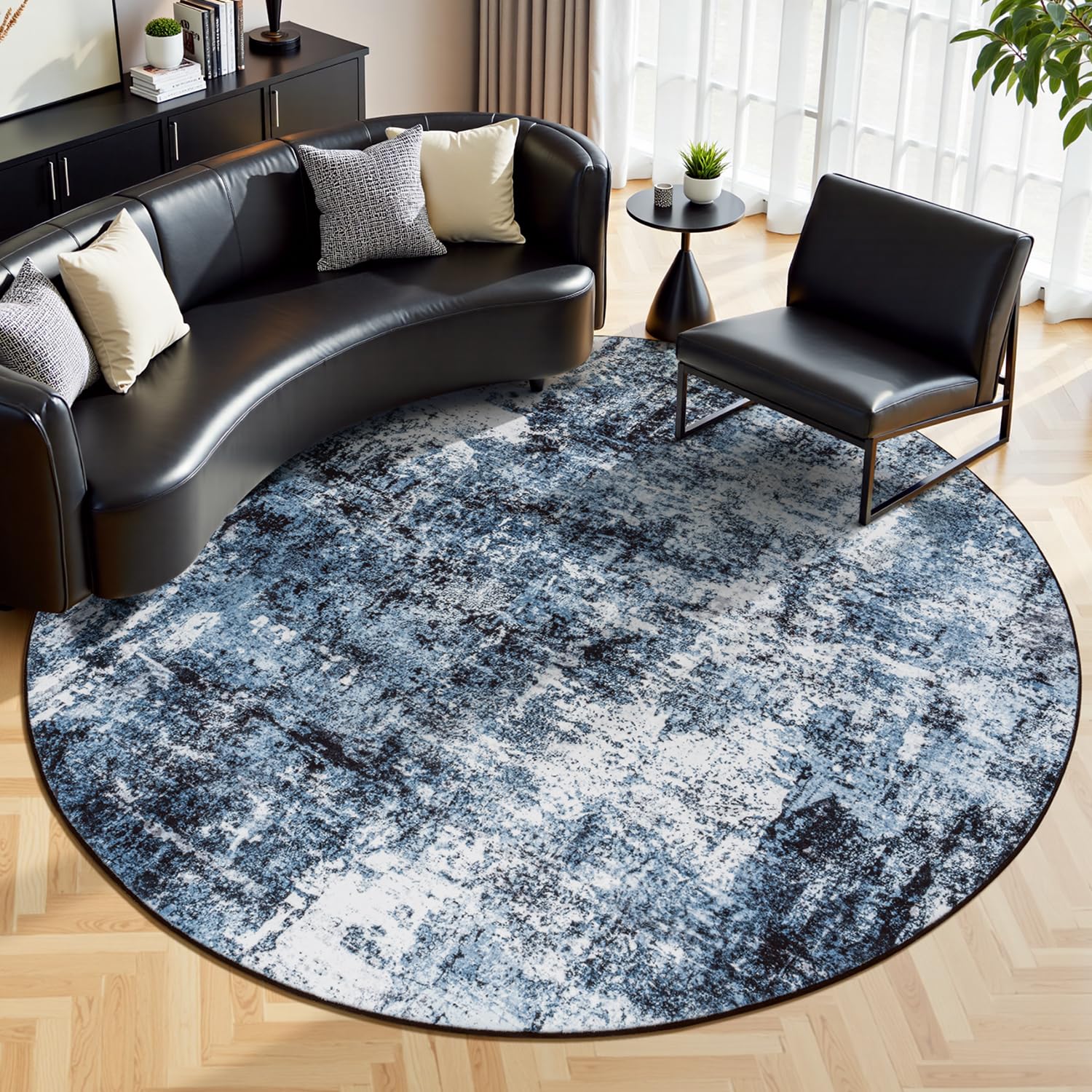 Rugflix Round Area Rugs 8Ft for Living Room, Washable Navy Blue Circle Rug