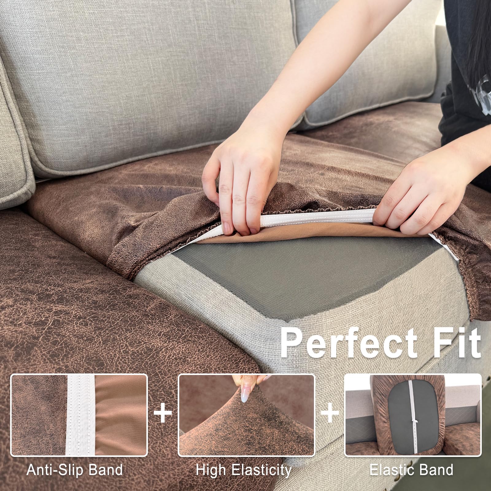 ANARACHON Leather Look Couch Cushion Covers Sofa Seat Slipcovers Sets Couches Furniture Protector for Sectional Armchair Loveseat Pets Kids Stretch Spandex Fabric (3 Cushion Sofa, Light Brown)