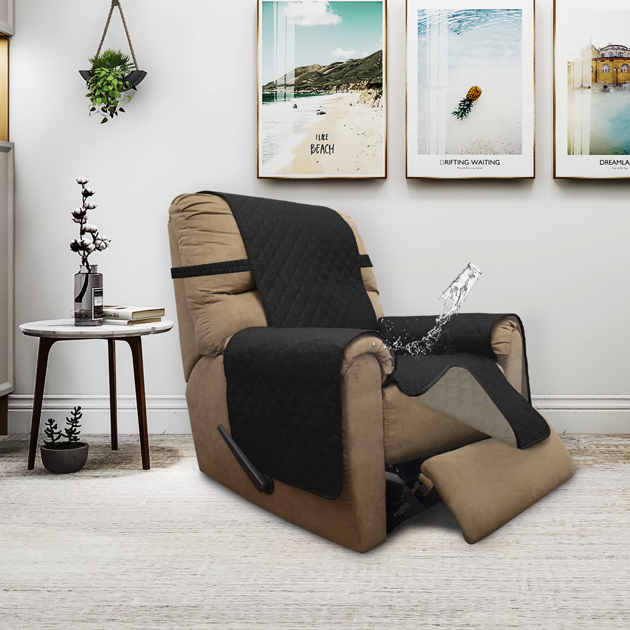 ISSUNTEX Double Protection 100% Waterproof Recliner Covers for Living Room, Reversible Furniture Protector Recliner Couch Sofa Slipcover for Dogs, Pets, Kids (Recliner, Black/Beige)