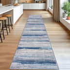 KOZYFLY Modern Abstract Washable Rug Runner 2.6x14 Hallway Rug Runner Non-Slip Soft Kitchen Runner Rugs, Blue/Grey/Beige Striped Carpet for Entryway Bathroom Laundry Room Foyer