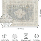 2x3 Entryway Rug Non-Slip Washable Thin Indoor Vintage Rug Low-Pile Floor Carpet for Entrance Bedroom Kitchen Bathroom Beige Grey