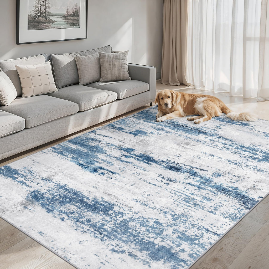 PLHXFR Area Rug Living Room: 5x7 Abstract Washable Carpet White Blue