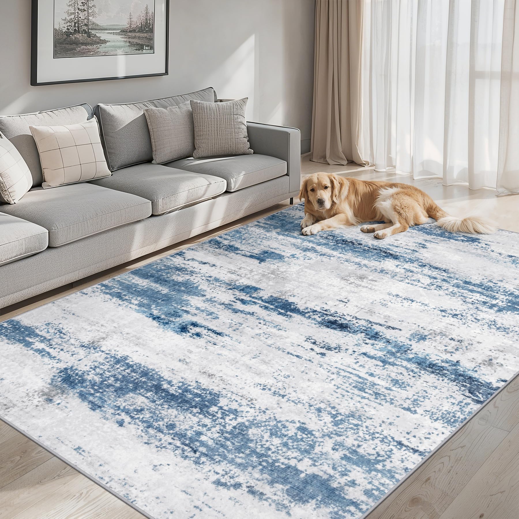 PLHXFR Area Rug Living Room: 5x7 Abstract Washable Carpet White Blue