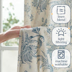 jinchan Linen Floral Curtains for Living Room with Printed Flower 63 Inches Long Light Filtering French Country Back Tab Rod Pocket Blue Window Curtain Set Farmhouse Drapes 2 Panels Blue