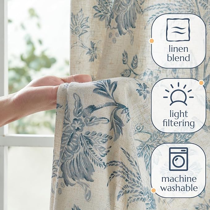 jinchan Linen Floral Curtains for Living Room with Printed Flower 108 Inches Long Light Filtering Extra Long Back Tab Rod Pocket Blue Window Curtain Set Farmhouse Drapes, 2 Panels Blue
