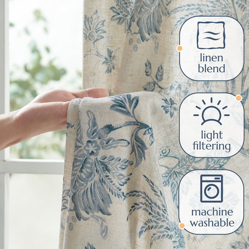 jinchan Linen Floral Curtains for Living Room with Printed Flower 90 Inches Long Light Filtering French Country Back Tab Rod Pocket Blue Window Curtain Set Farmhouse Drapes 2 Panels Blue