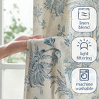 jinchan Linen Floral Curtains for Living Room with Printed Flower 90 Inches Long Light Filtering French Country Back Tab Rod Pocket Blue Window Curtain Set Farmhouse Drapes 2 Panels Blue