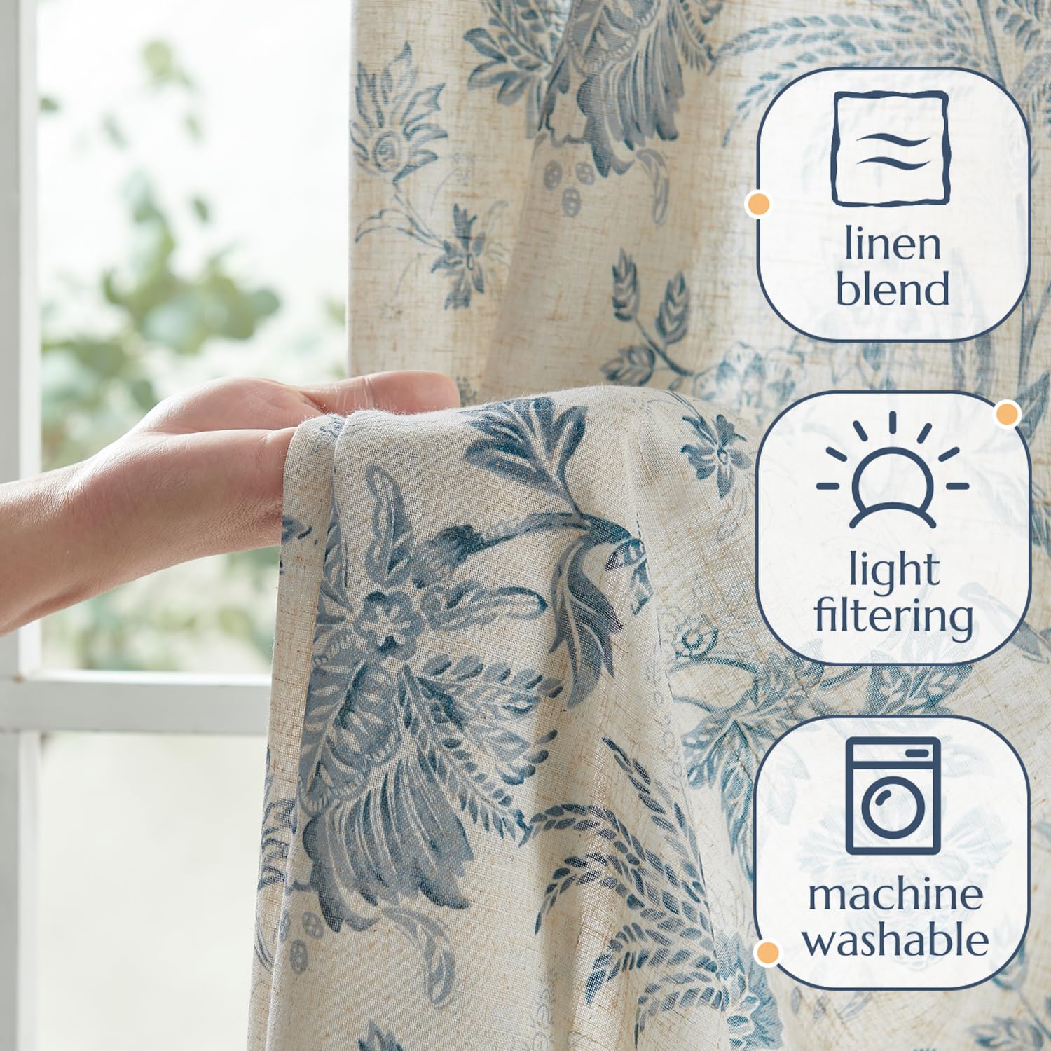 jinchan Linen Floral Curtains for Living Room with Printed Flower 90 Inches Long Light Filtering French Country Back Tab Rod Pocket Blue Window Curtain Set Farmhouse Drapes 2 Panels Blue