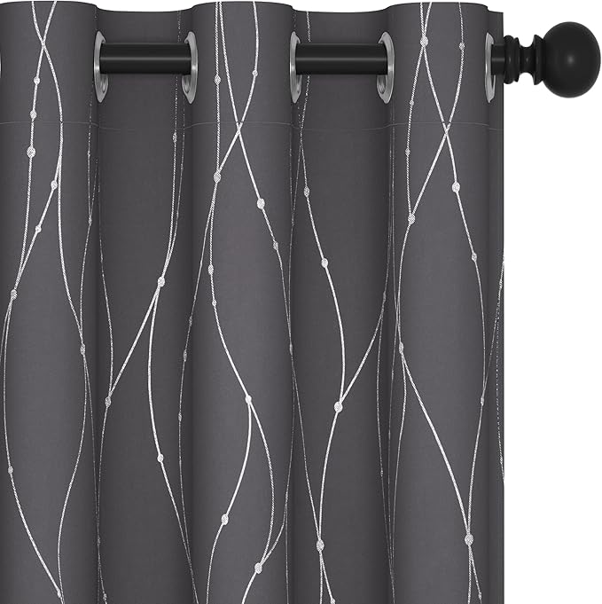 Deconovo Short Curtains Grey, Blackout Kitchen Curtain, Thermal Insulated Soundproof Drapes, Wave Dots Foil Print, 38 x 45 Inches, 2 Panels, Machine‑Washable Privacy Window Panel for Nursery Office