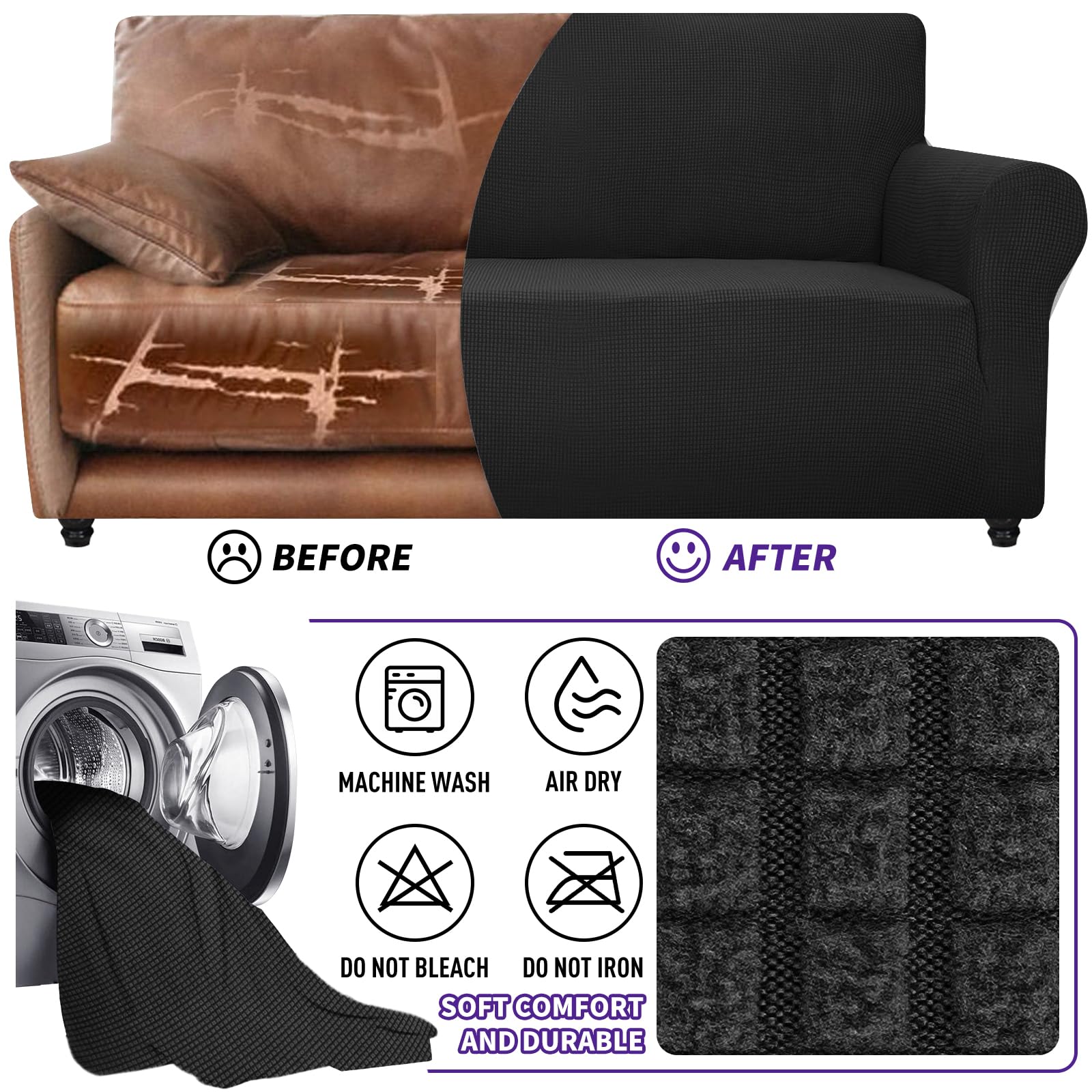 ZNSAYOTX Super Stretch Couch Cover (72"-92") Universal Sofa Covers with Elastic Bottom, Dog Cat Pets Friendly Washable Furniture Protector Fitted Sofa Slipcovers Stay in Place (Black, Sofa)