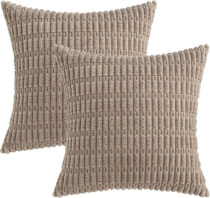 MIULEE Pack of 2 Corduroy Decorative Throw Pillow Covers 12x12 Inch Soft Boho Striped Pillow Covers Modern Farmhouse Home Decor for Sofa Living Room Couch Bed Light Brown