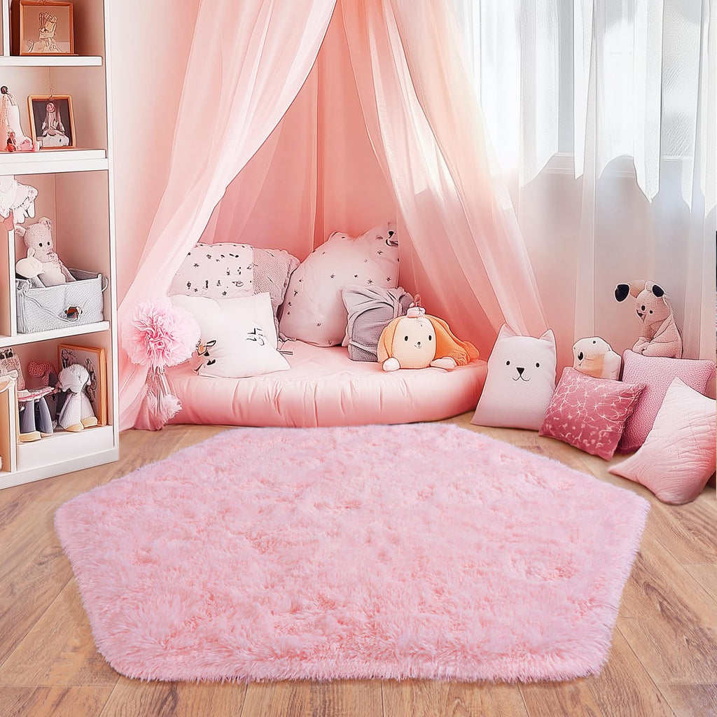 Quntue 4x4.6 Feet Pink Hexagon Rugs for Princess Tent, Ultra Soft Fluffy Hexagon Area Rug for Bedroom, Cute Shag Rugs for Girls Room, Fuzzy Plush Carpet for Kids Room Tent Castle Home Decor