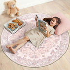 Area Rugs 4ft Washable Non-Slip, Floral Vintage Distress Print Pattern Medallion Carpet for Living Room Bedroom Dining Room, Pink Greypink Cute