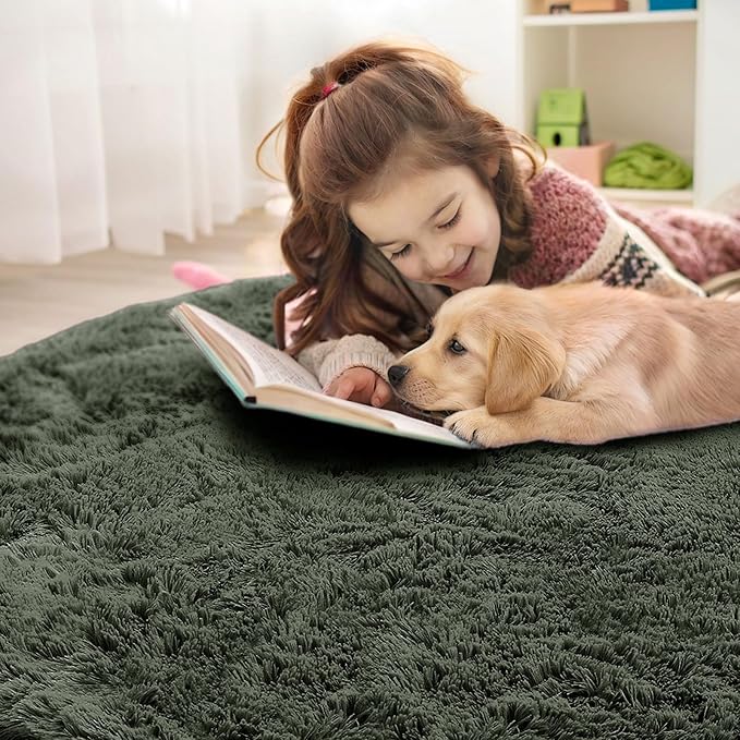 OLANLY Olive Green Round Rugs for Bedroom - Machine Washable, 6 ft Circle Area Rugs for Living Room, Soft and Fluffy Shaggy Carpet for Teen Girl and Boys, Nursery Rooms, Dorms, Home Decor Aesthetic