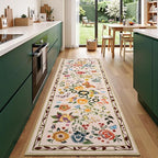 Rugflix 2x6 Runner Rug for Hallway, Washable Kitchen Runner Non Slip, Soft Low Pile Entryway Carpet, Vintage Floral Stain Resistant Long Laundry Room Rugs for Bedroom, Stairs, Beige