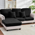 Couch Cover 6-Piece Elastic Velvet Couch Cushion Covers & Chaise Slipcovers for L-Shaped Sofas, Sofa Seat Covers Washable, Soft Cover for Couches (5 Seater + Chaise, Black)