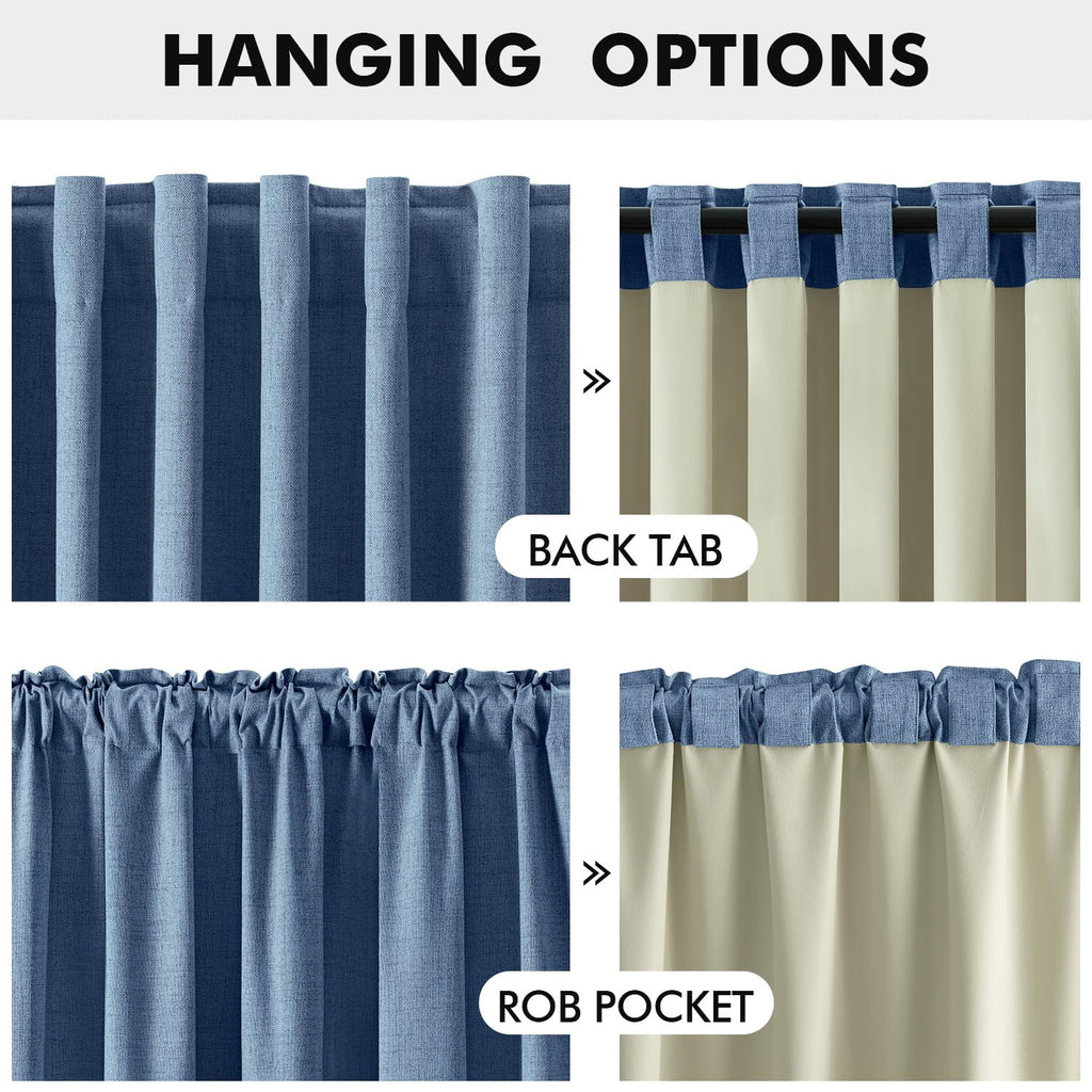 MIULEE 100% Blackout Linen Curtains for Bedroom 42 x 63 Inch Blue 2 Panels