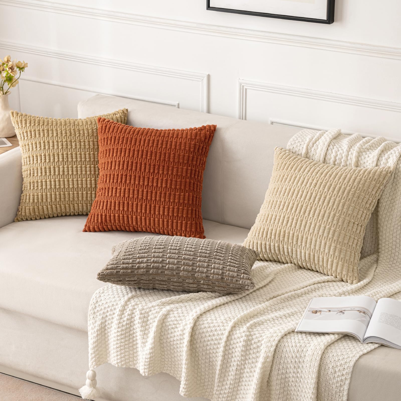 MIULEE Corduroy Decorative Throw Pillow Covers 20x20 Tan Pack of 2