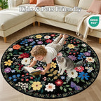 Round Area Rug for Living Room: 6 ft Floral Washable Circle Rug Soft Boho Non-Slip Carpet Indoor Stain Resistant Low Pile Small Circular Rug for Bedroom Entryway Kitchen Nursery Home Office Black
