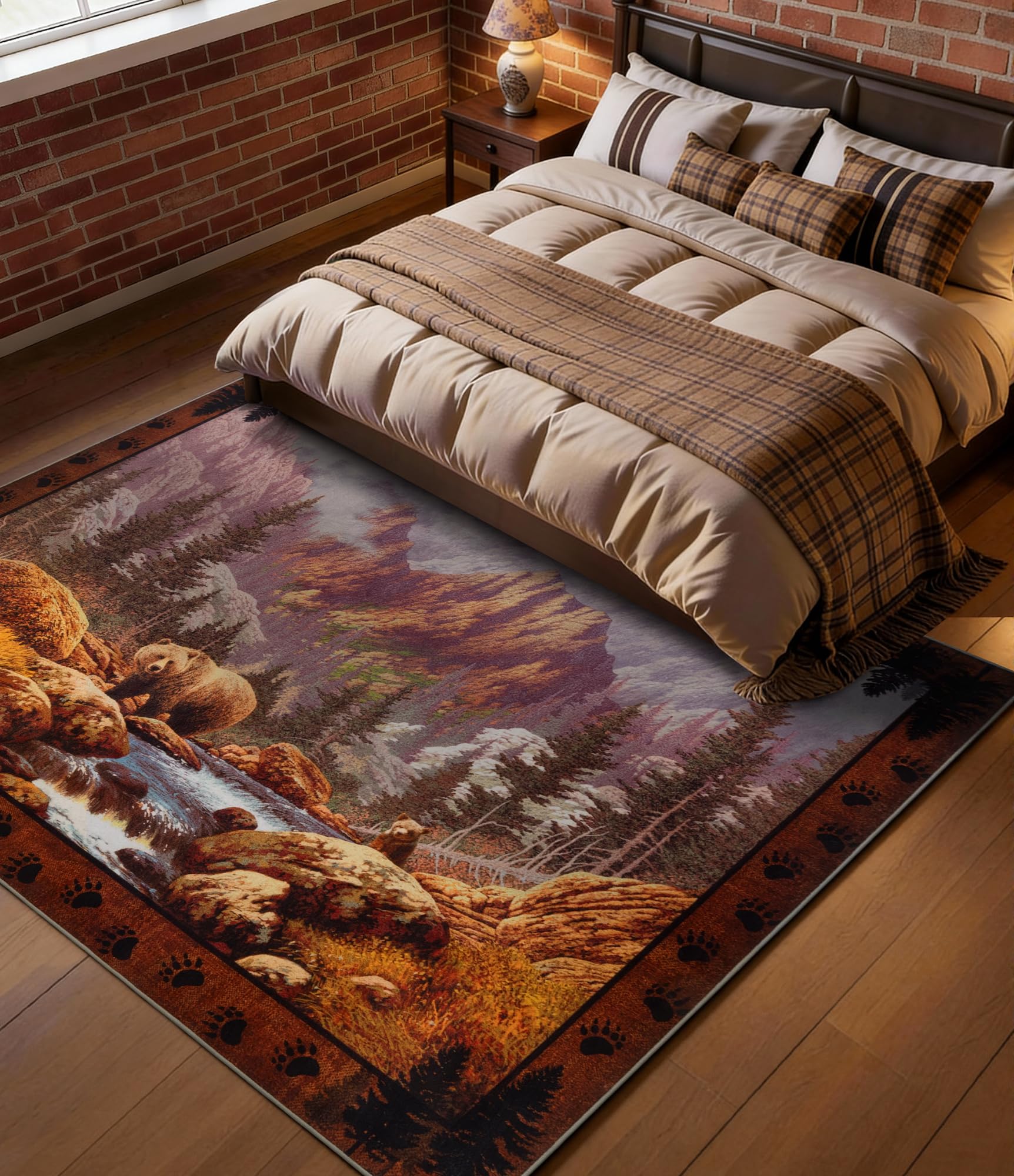 YIHOUSE Rustic Cabin Area Rug for Bedroom 4x6,Machine Washable Forest Bear Rug,Non-Slip Low Pile Print Pattern Mountain Rug for Living Room