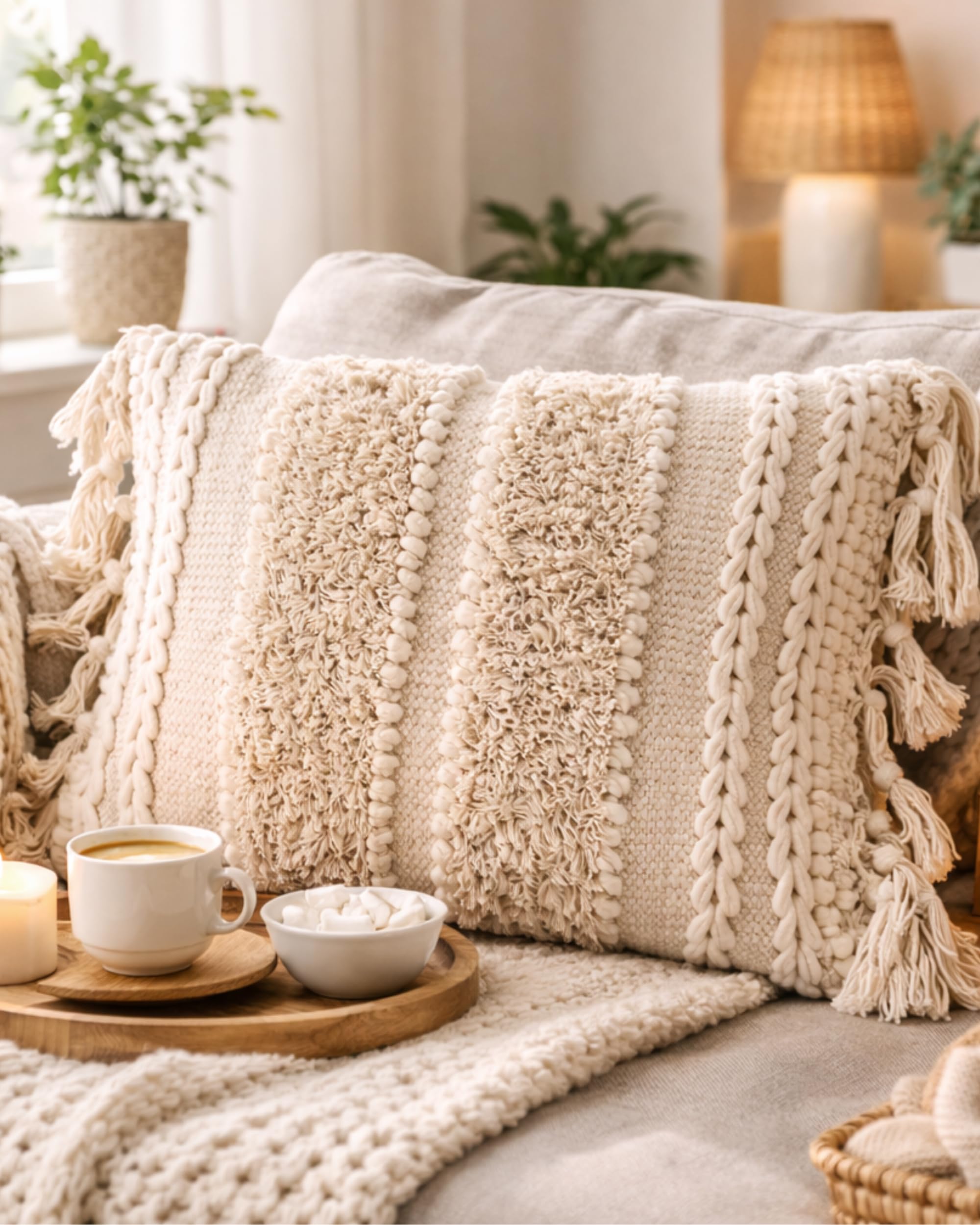 COZYDEKO Throw Boho Pillow Cover, 18”x18” Bohemian Moroccan Rustic Decorative Pillows with Tufted Accents, Plush Handwoven Cotton, Textured Woven Neutral Farmhouse Scandinavian Home Decor (no Insert)