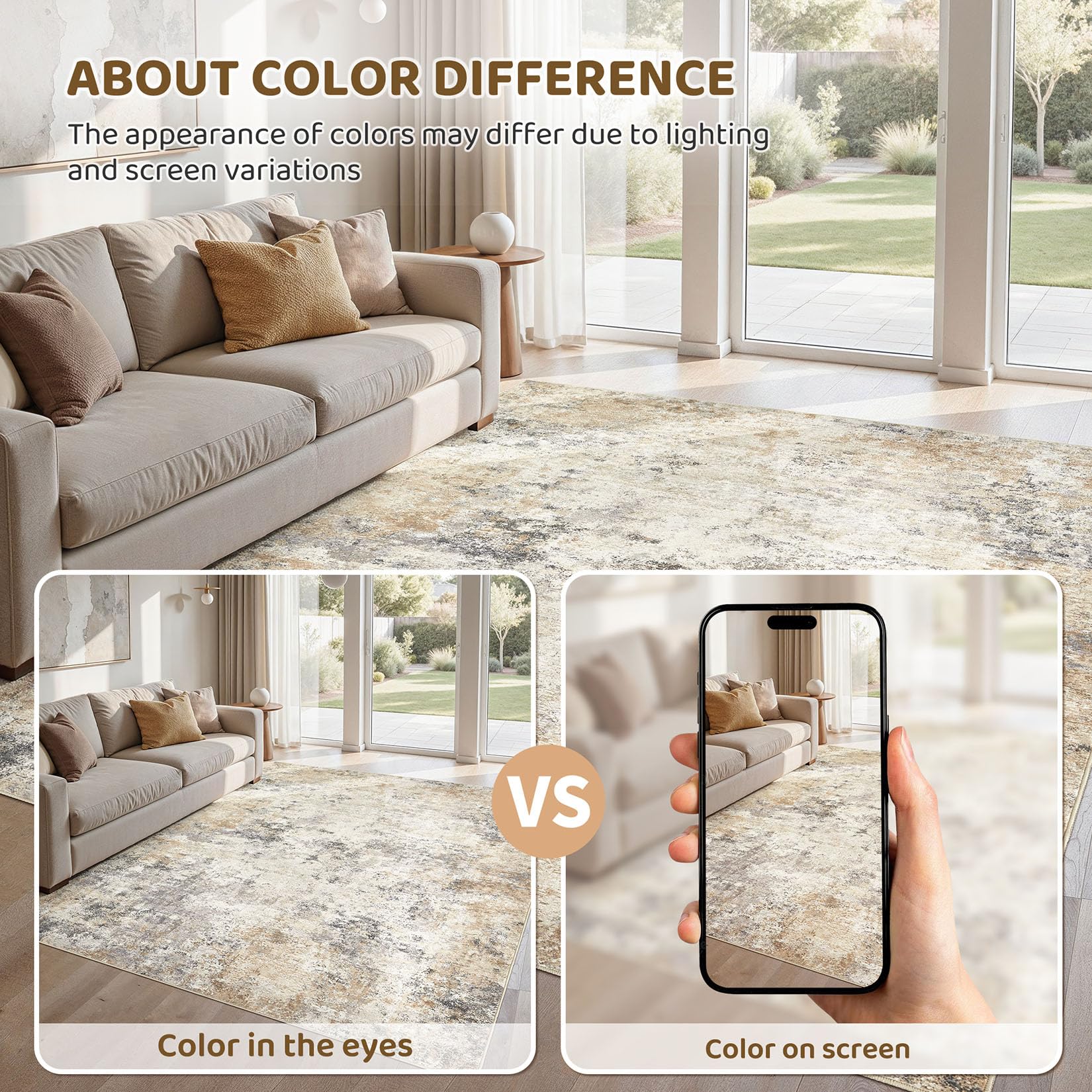 UERMEI 5x7 Area Rug Living Room Rugs - Washable Neutral Modern Abstract Soft Thin Large Rug Indoor Floor No Slip Rug Carpet for Bedroom Under Dining Table Home Office Decor - Golden Grey