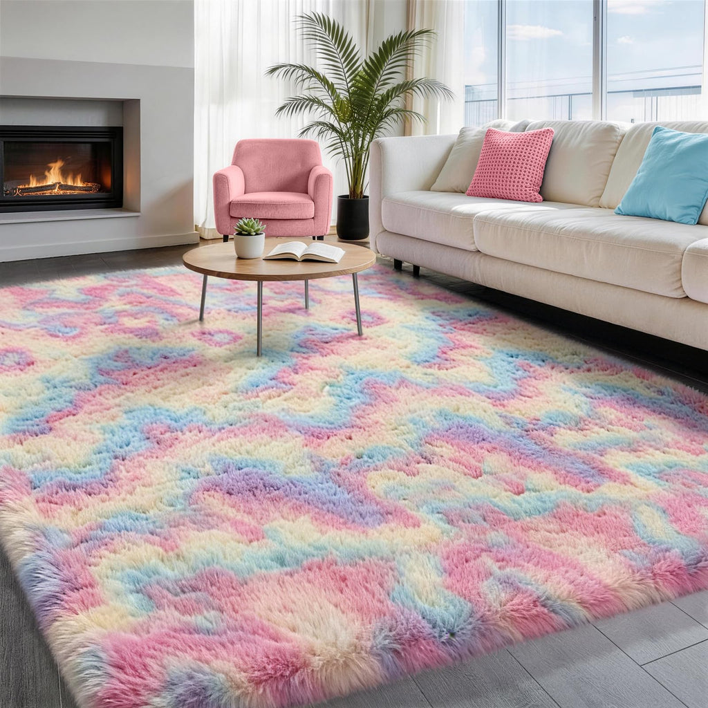 Ophanie Rainbow Rug for Bedroom Girls,Unicorn Colorful Fluffy Soft Cute Fuzzy Area Rugs,Shag Plush Shaggy Bedside Floor 4x6 Furry Carpet for Kids Baby Teen Dorm Decor with Over 99 pcs Pile fibers