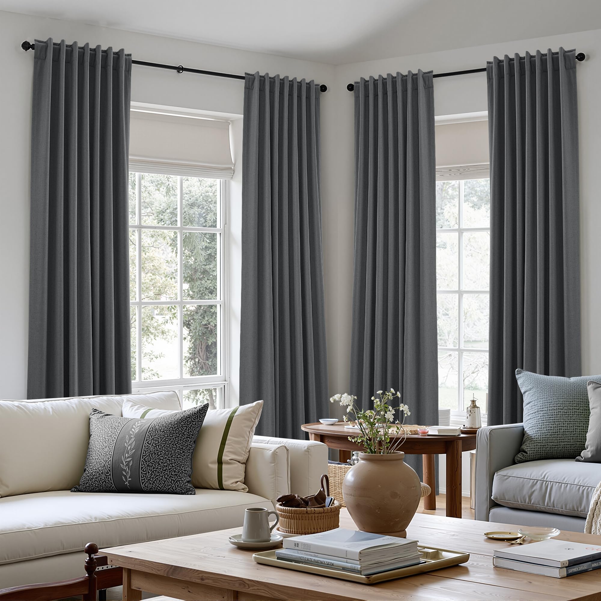 Guken 100% Blackout Curtains 84 Inch Length 2 Panels Set for Living Room Bedroom Back Tab Thermal Insulated Black Out Linen Drapes Room Darkening Blazer Grey,52x84