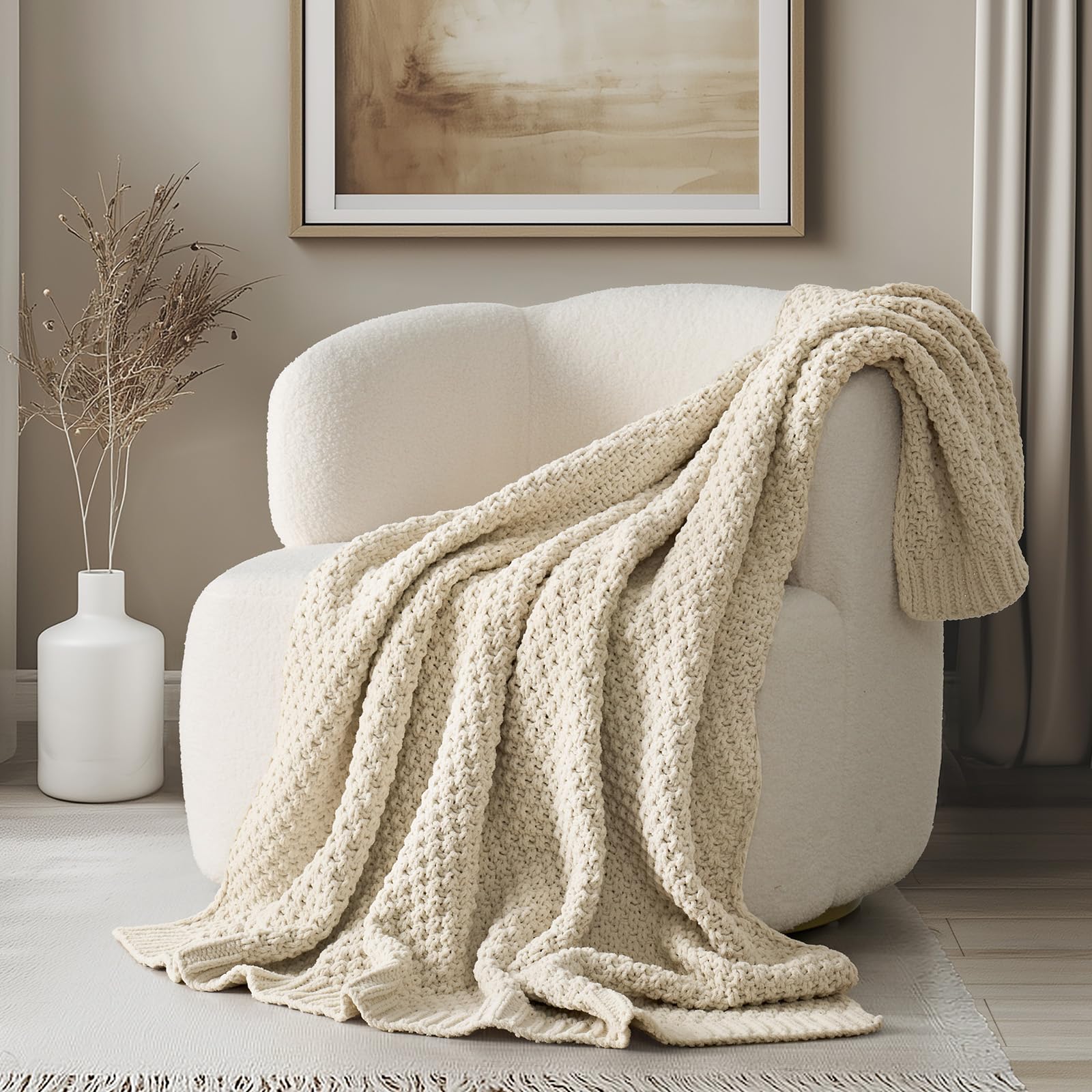 EVERGRACEHOME Chunky Chenille Knit Throw Blanket, 50 x 60, Beige