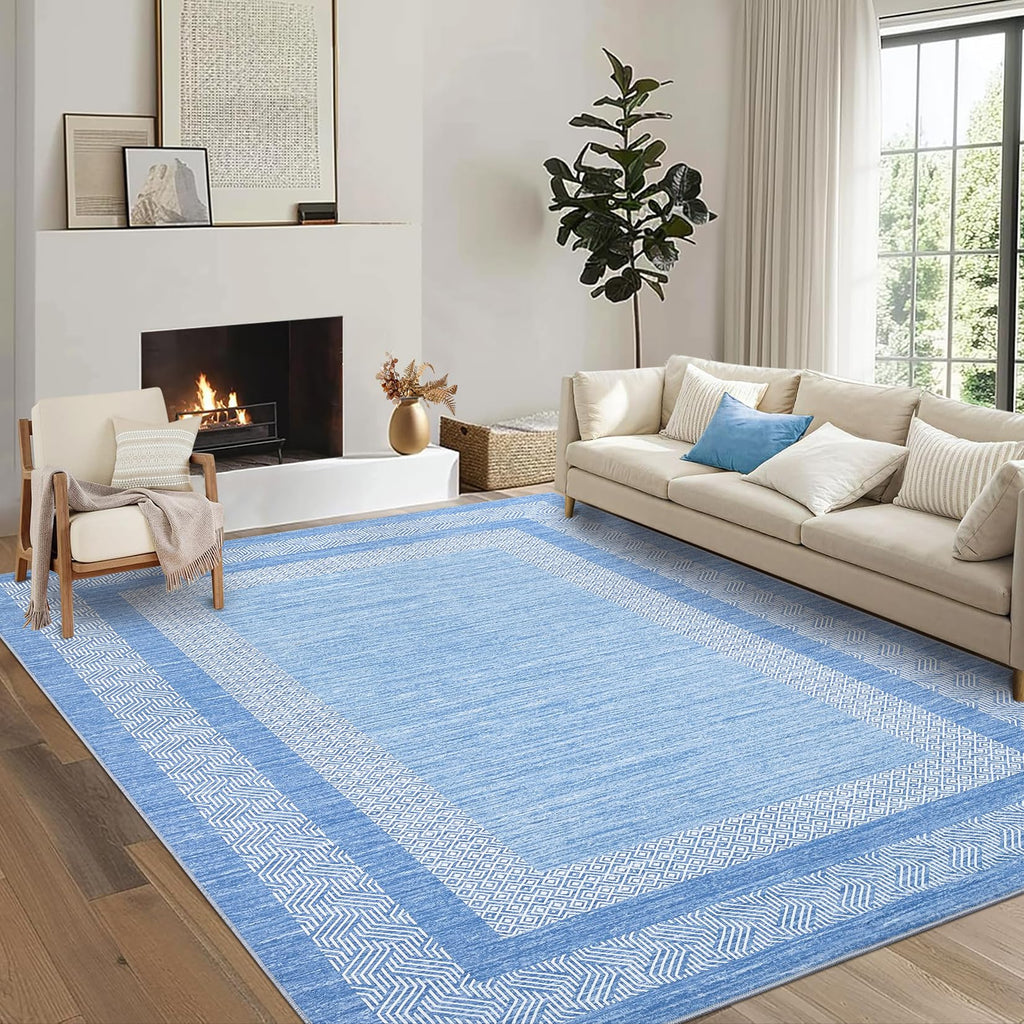 GarveeHome Modern Geometric Area Rug 5x7 Distressed Bordered Washable Non Slip Floor Carpet Non Shedding Thin Rug, Soft Low Pile Contemporary Light Blue Carpet for Dining Room, Living Room