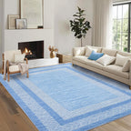 GarveeHome Modern Geometric Area Rug 5x7 Distressed Bordered Washable Non Slip Floor Carpet Non Shedding Thin Rug, Soft Low Pile Contemporary Light Blue Carpet for Dining Room, Living Room