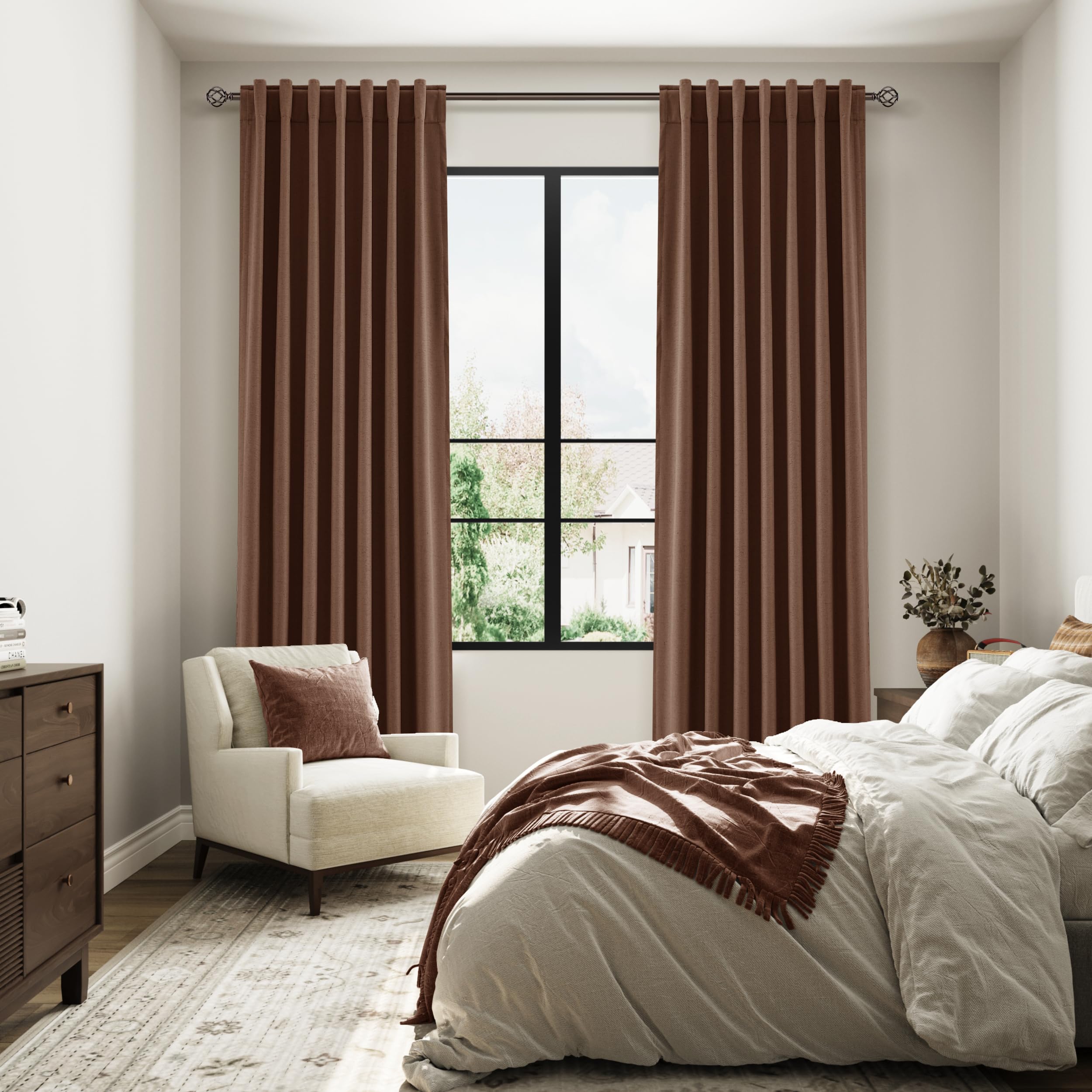 Guken 100% Blackout Curtains 90 Inch Length 2 Panels Set for Living Room Bedroom Back Tab Thermal Insulated Black Out Linen Drapes Room Darkening Window Curtains 90 Inches Long,Rustic Brown
