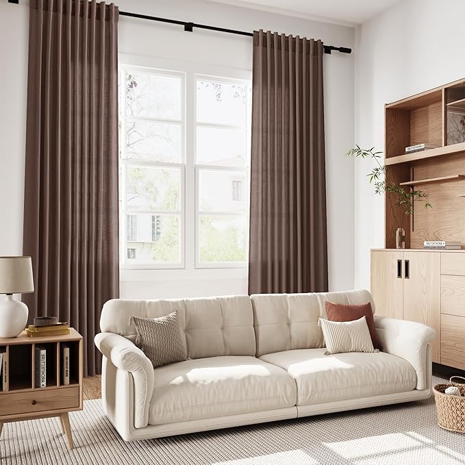 Nanspring Cappuccino Linen Blend Light Filtering Back Tab Curtains 102 Inches Long, Semi Sheer Privacy Drapes for Living Room & Bedroom, 52x102 inch, 2 Panels