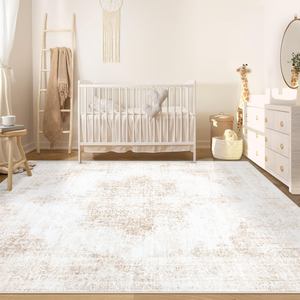 Area Rug 6x9 Vintage Rug: Washable Living Room Rugs Retro Medallion Distressed Large Rugs Soft Low Pile Non-Slip Indoor Floor Carpet for Bedroom Kitchen Nursery Dining Table Office (Beige, 6'x9')
