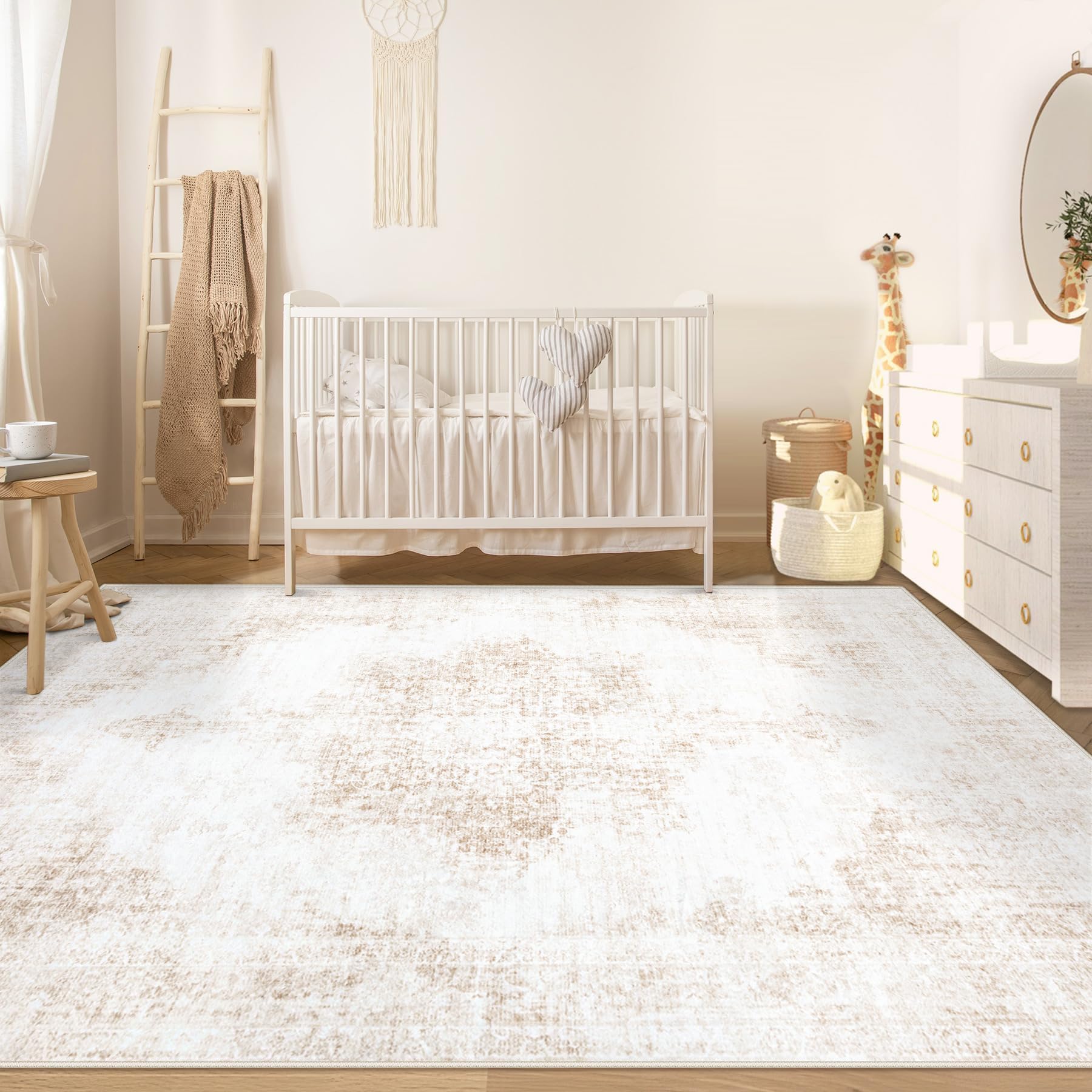 Area Rug 6x9 Vintage Rug: Washable Living Room Rugs Retro Medallion Distressed Large Rugs Soft Low Pile Non-Slip Indoor Floor Carpet for Bedroom Kitchen Nursery Dining Table Office (Beige, 6'x9')